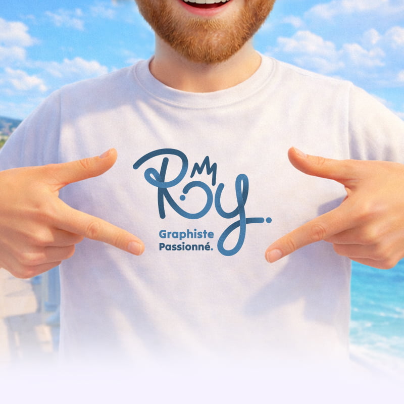 Logo RoyDesign porté sur un t-shirt, symbole d’une identité visuelle professionnelle