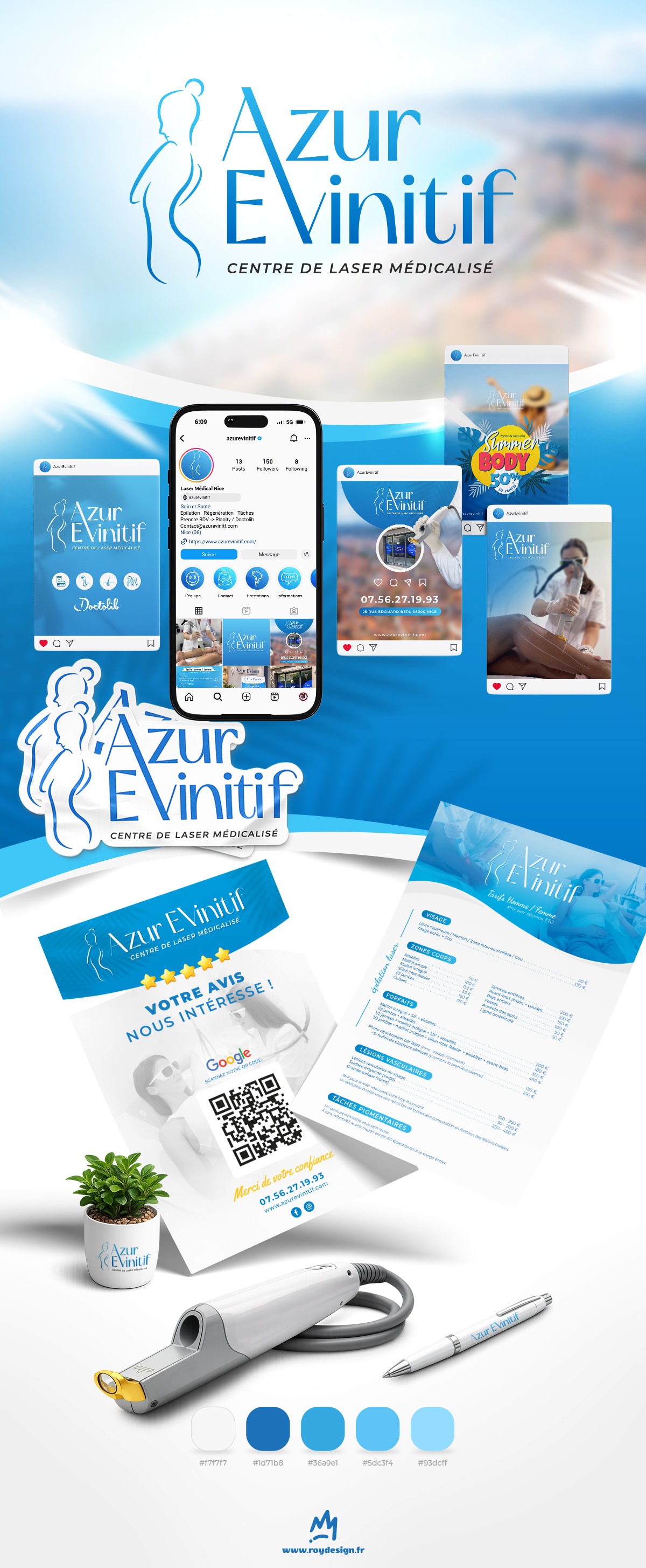 Identité visuelle Azur Evinitif Nice Présentation de l’identité visuelle Azur Evinitif à Nice avec supports print et réseaux sociaux