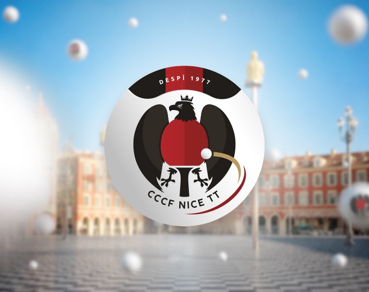 Logo CCCF Nice Tennis de Table sur fond de Place Masséna à Nice avec balles de ping-pong