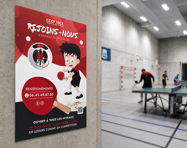 Affiche CCCF Nice Tennis de Table dans un gymnase avec joueurs en entraînement
