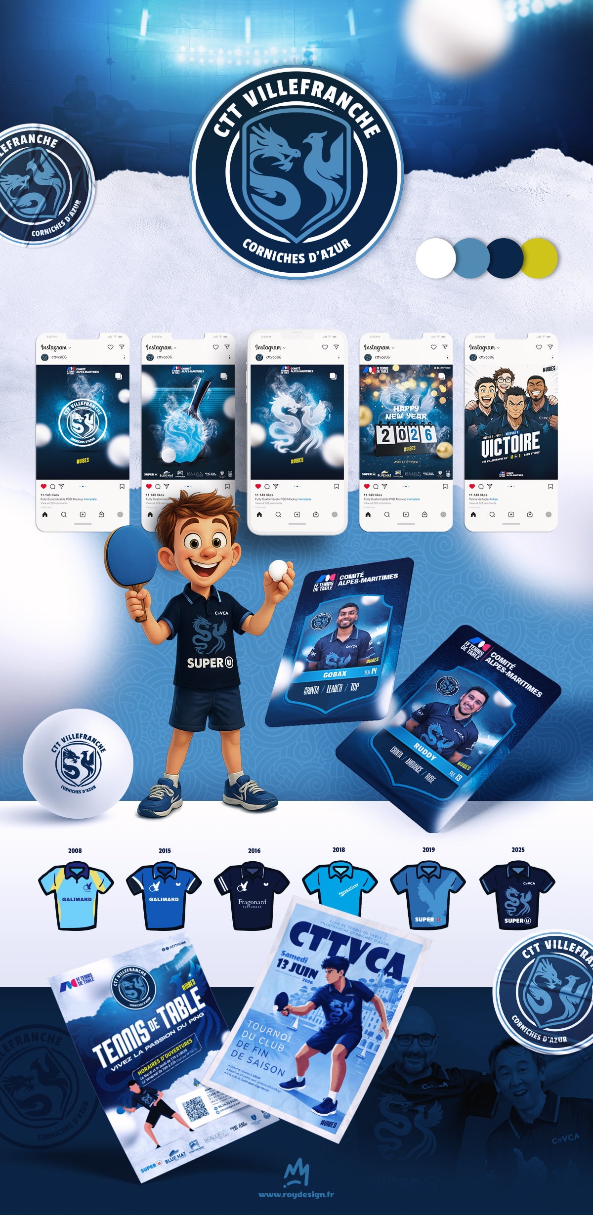 Présentation graphique du club CTTVCA Villefranche Corniches d’Azur Tennis de Table avec réseaux sociaux, affiches et identité visuelle