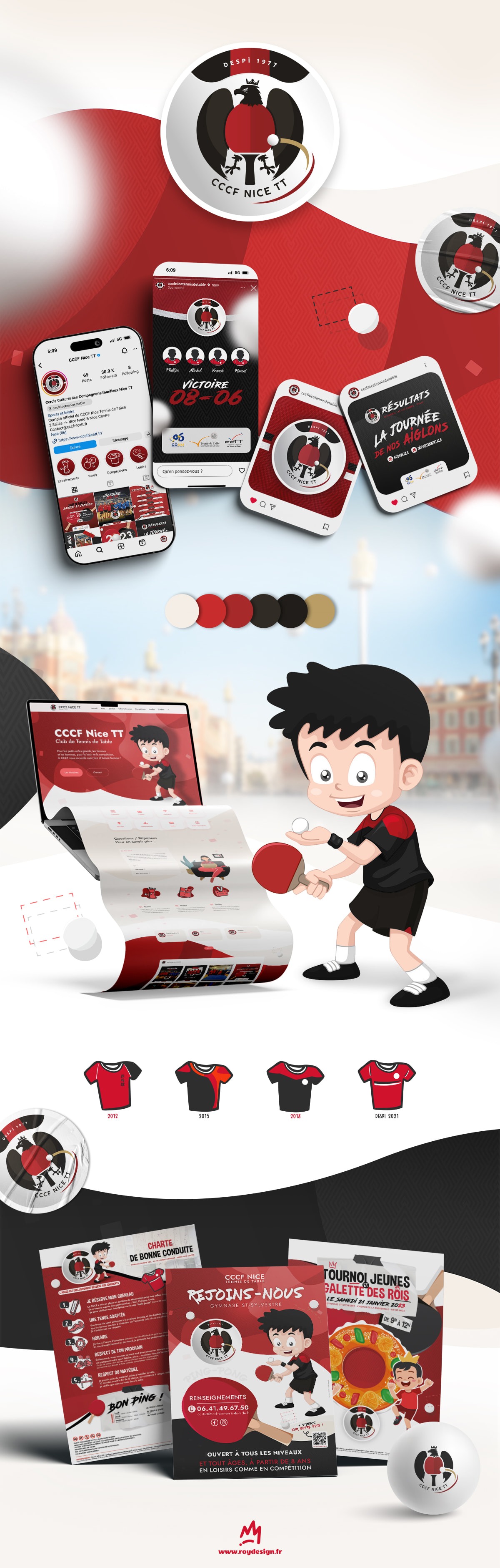 Présentation de l’identité visuelle du CCCF Nice TT avec réseaux sociaux, site internet et supports de communication sportive