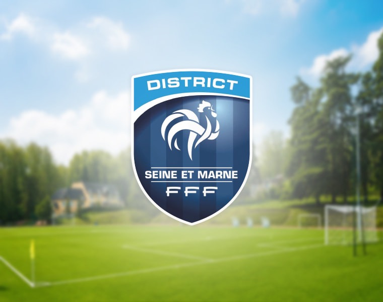 Logo District Seine-et-Marne FFF sur fond de terrain de football en extérieur
