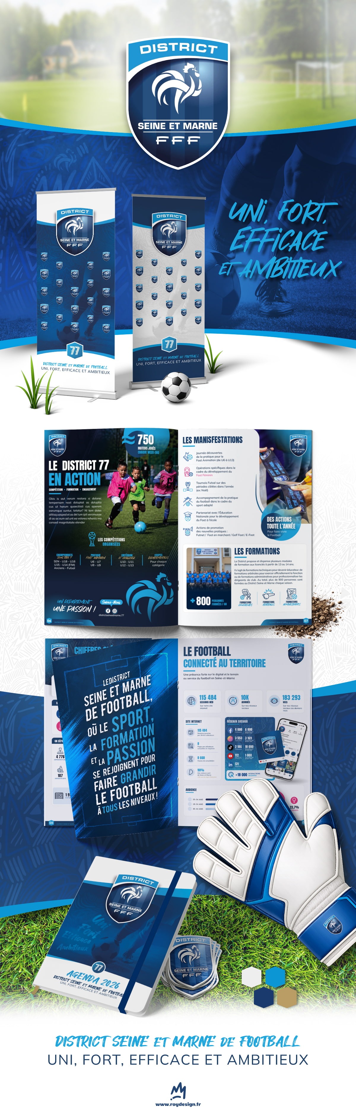 Communication District 77 Football Seine-et-Marne Présentation des supports de communication du District Seine-et-Marne de Football avec kakémonos, brochure et identité visuelle