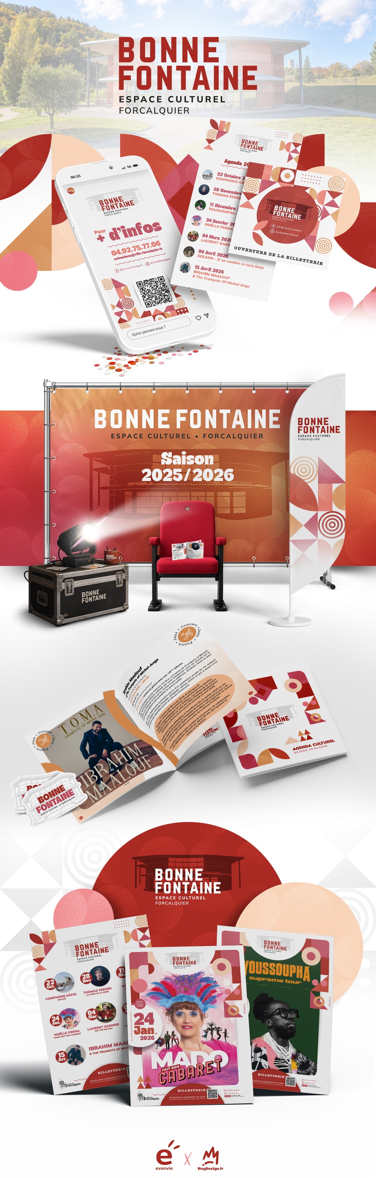 Communication visuelle Bonne Fontaine – Espace culturel à Forcalquier Supports de communication et identité visuelle pour l’Espace Culturel Bonne Fontaine à Forcalquier