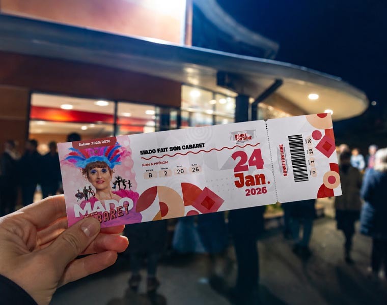 Création de billets événementiels – Bonne Fontaine Forcalquier Billet de spectacle Bonne Fontaine présenté devant l’Espace Culturel de Forcalquier en soirée