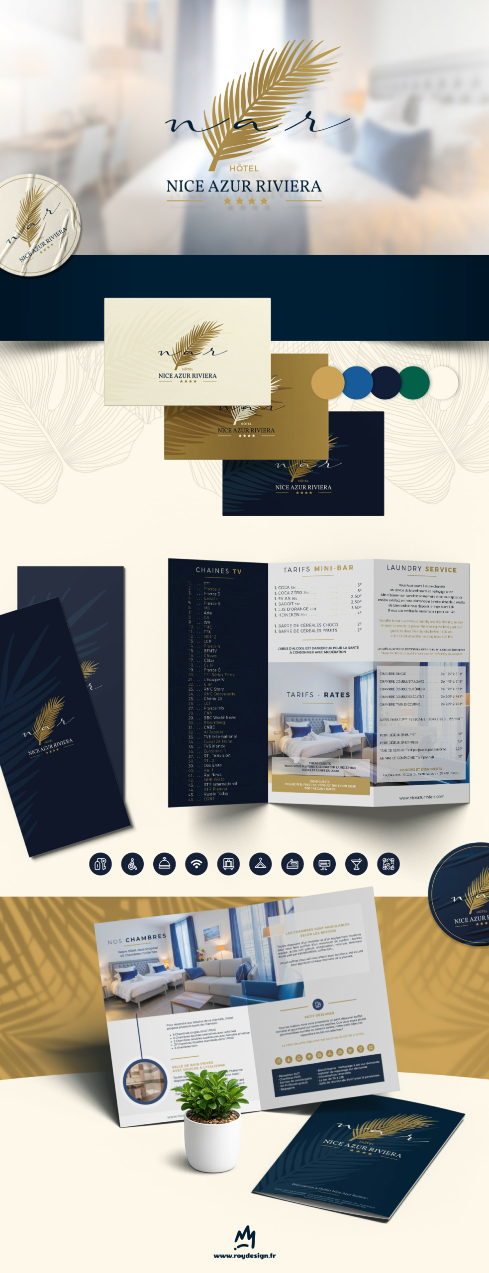 Présentation de l’identité visuelle Hôtel Nice Azur Riviera avec logo, charte graphique et supports hôteliers premium