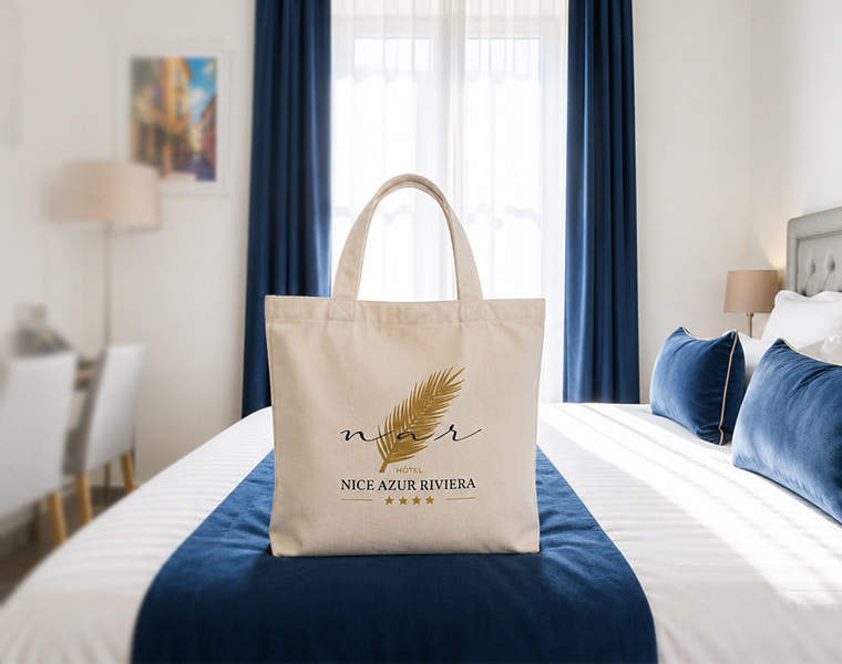 Tote bag personnalisé Hôtel Nice Azur Riviera posé sur un lit de chambre élégante à Nice