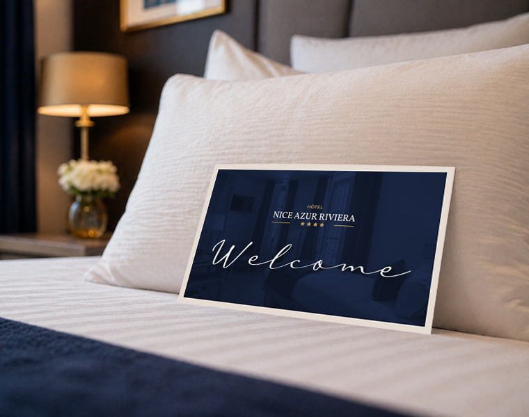 Carte de bienvenue Hôtel Nice Azur Riviera disposée sur un lit de chambre haut de gamme à Nice