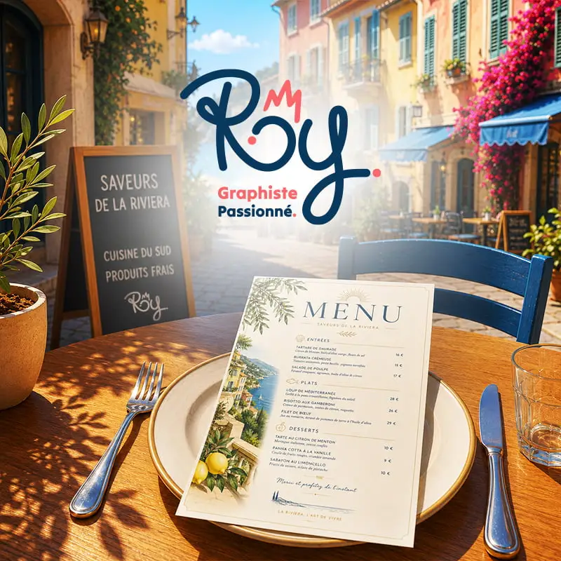 Menu de restaurant et identité visuelle créés par Roy Design dans une ambiance méditerranéenne inspirée de la Riviera